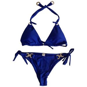 Blue Size Large Bedazzled Side Tie Padded Top & Matching Bottom Bikini Set.